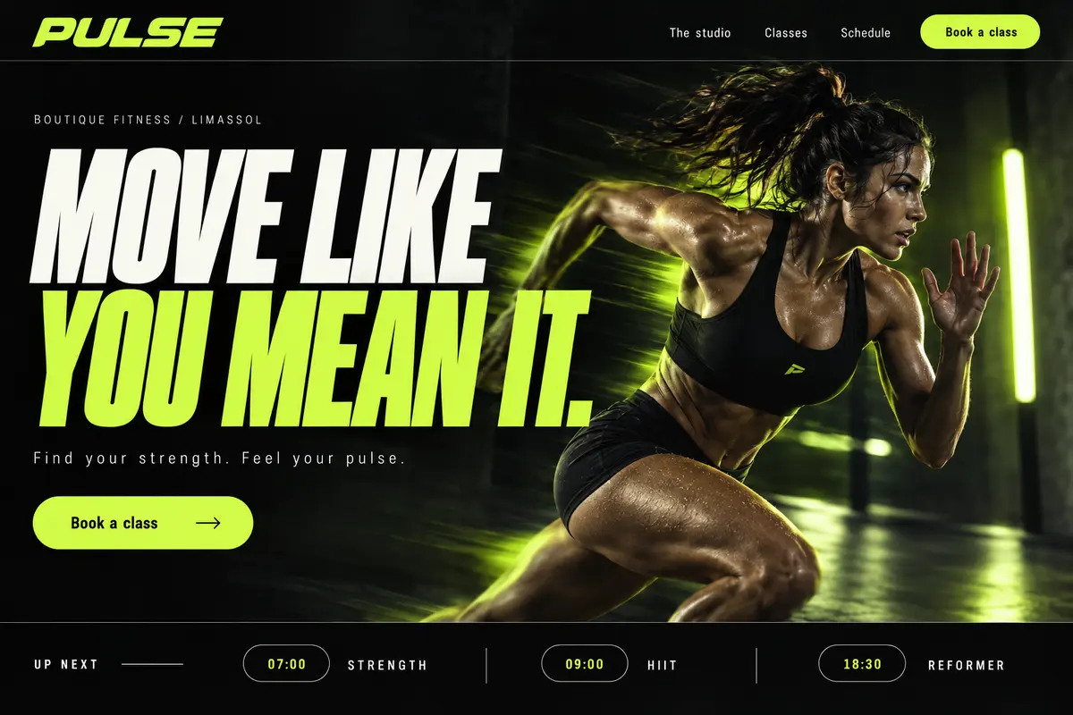 Website design concept for PULSE, Boutique fitness studio in Limassol